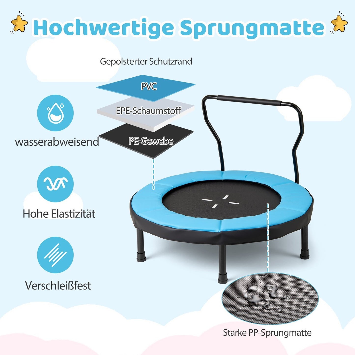 Kids Trampoline with Handle, 102 cm, 100 kg Capacity, Blue
