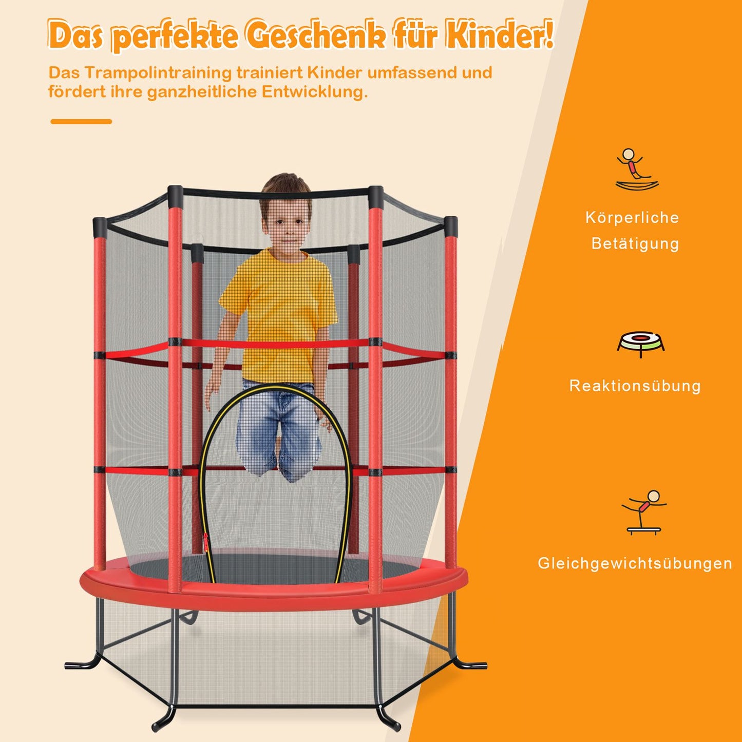 Kids Trampoline with Safety Net, 165cm, 135kg Capacity, Red