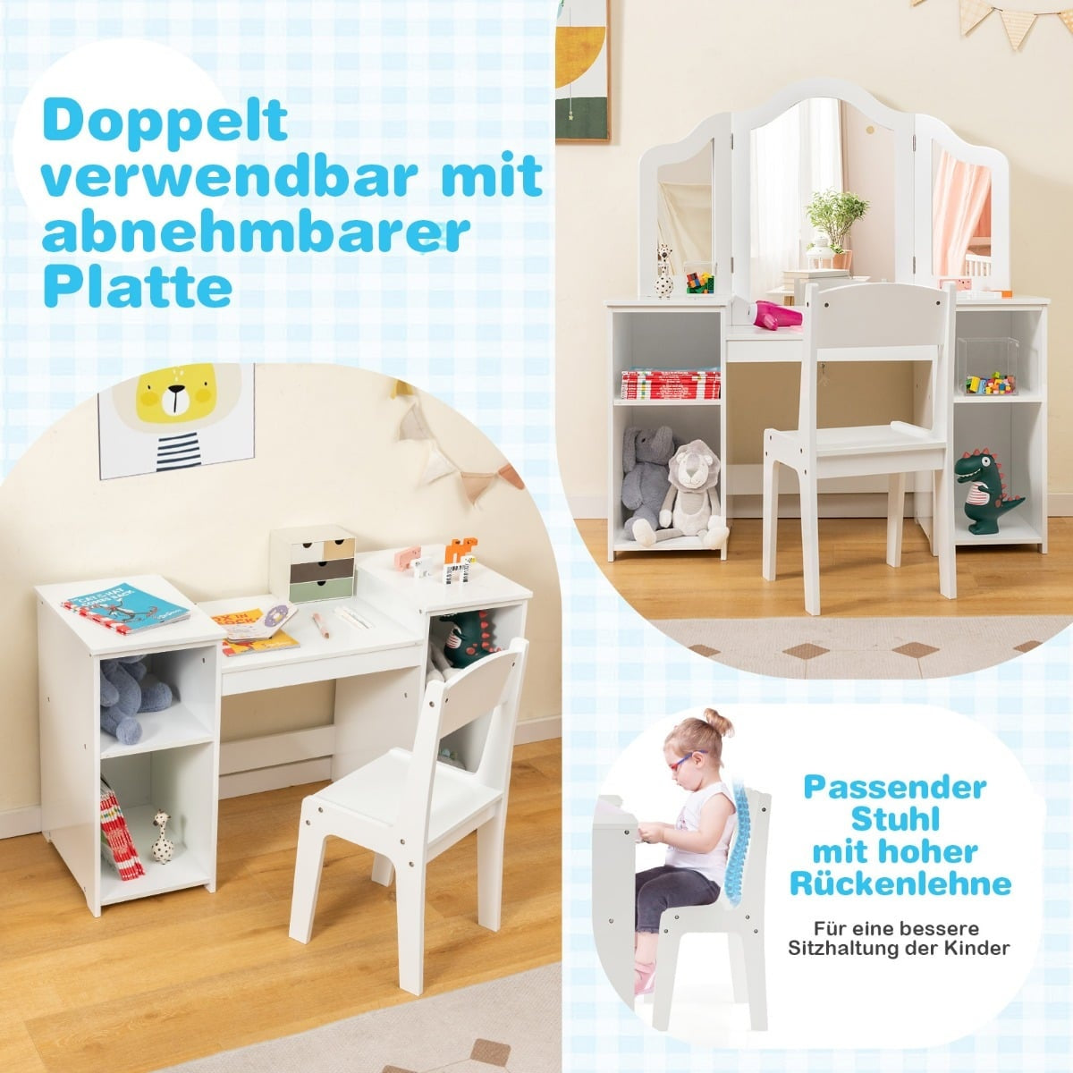 Kids Vanity & Desk Set with Tri-Fold Mirror, White