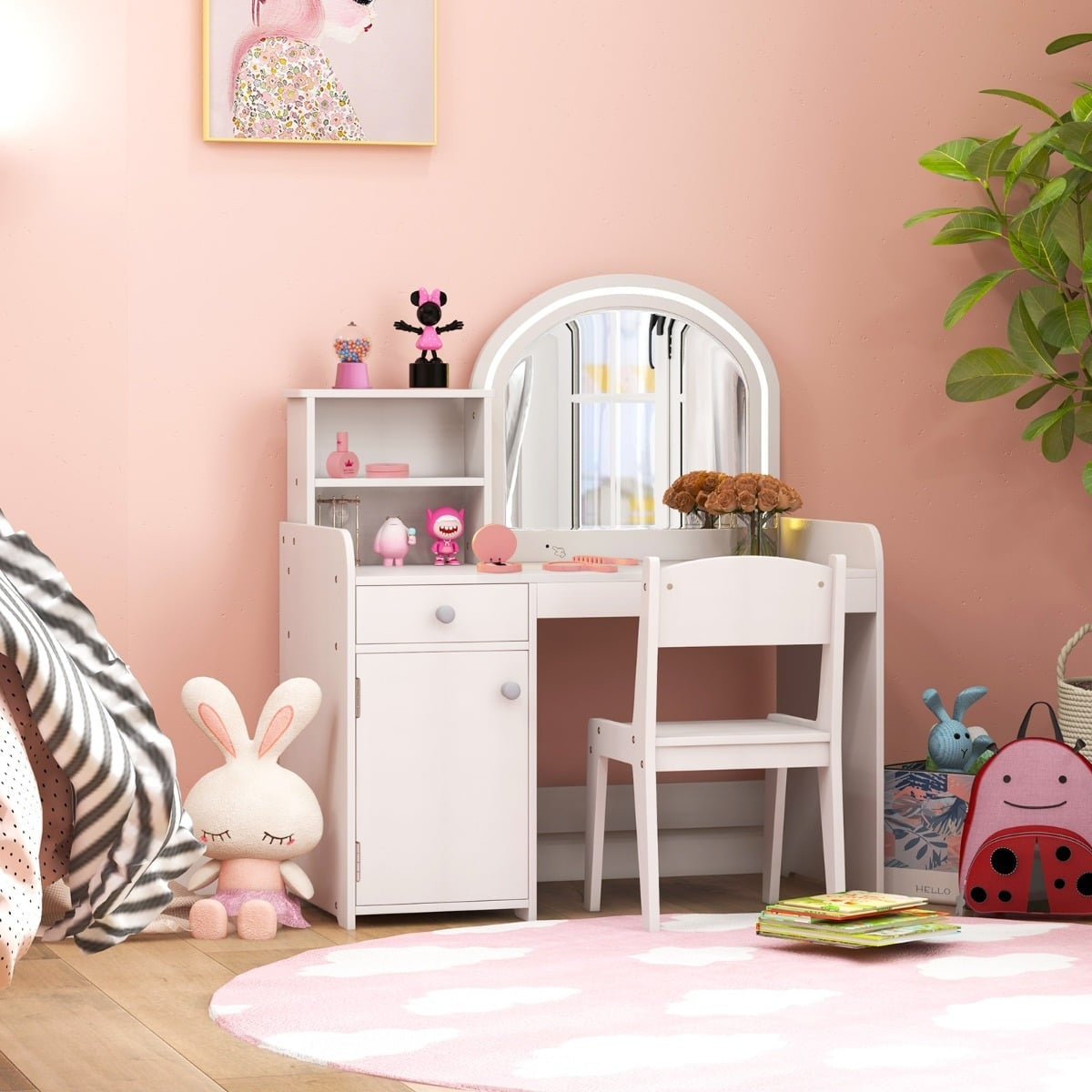 Kids Vanity Set with LED Mirror, Stool, and Storage