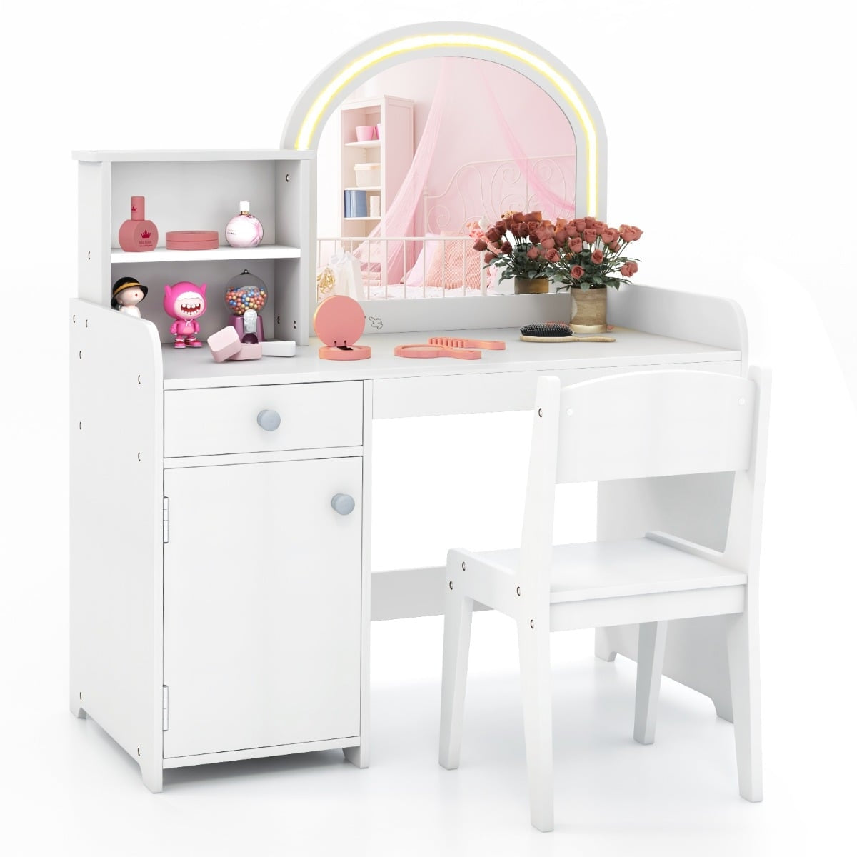 Kids Vanity Set with LED Mirror, Stool, and Storage