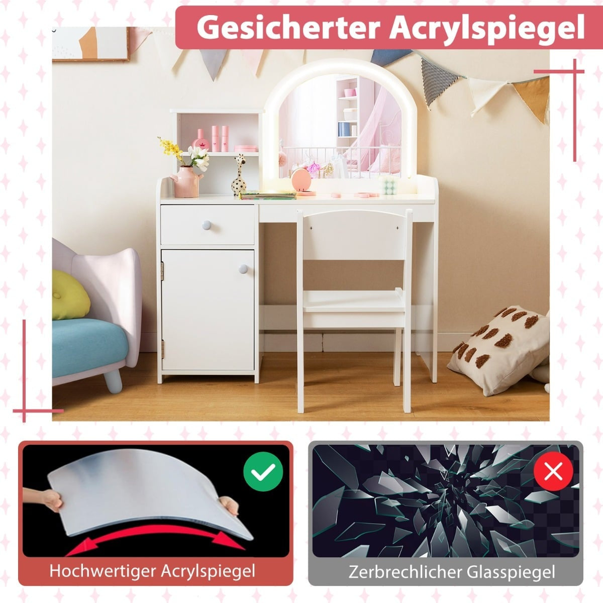 Kids Vanity Set with LED Mirror, Stool, and Storage