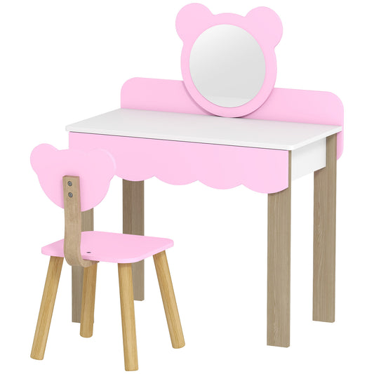 Kids Vanity Set with Stool, Bear Mirror, Pink MDF
