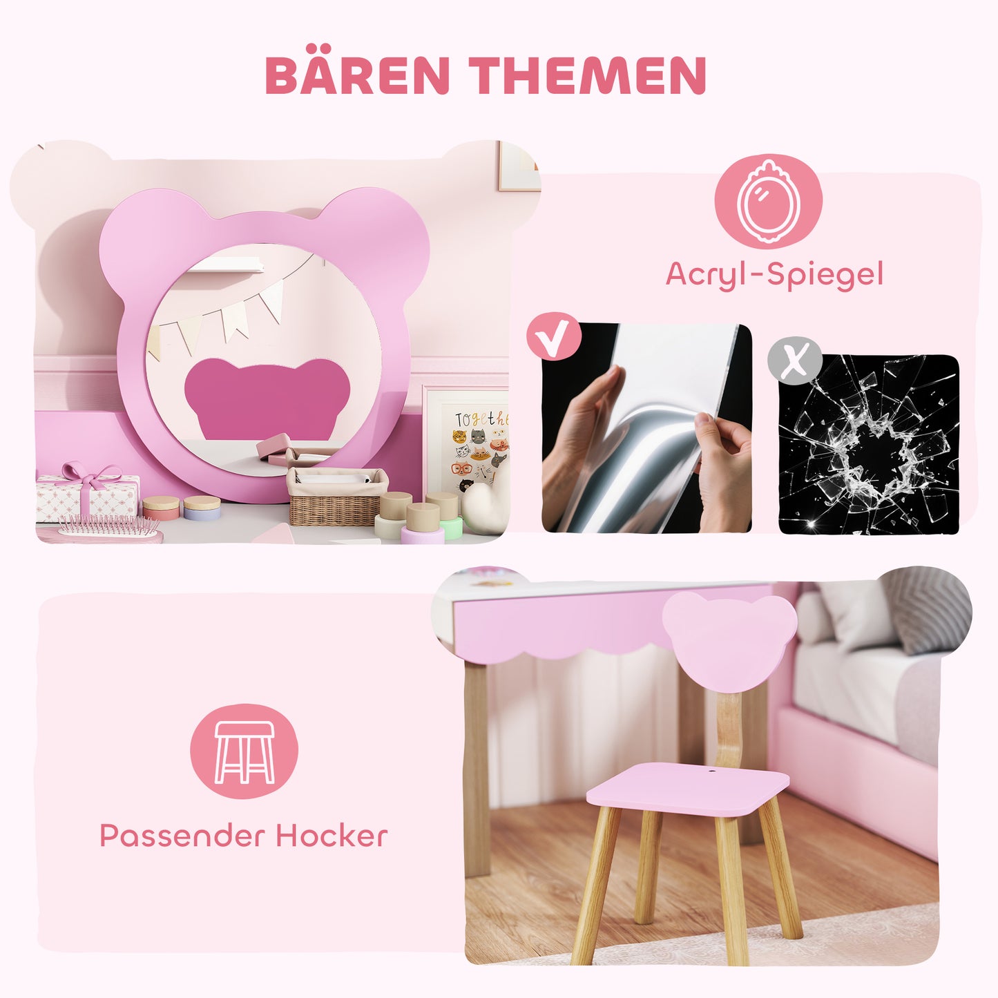 Kids Vanity Set with Stool, Bear Mirror, Pink MDF