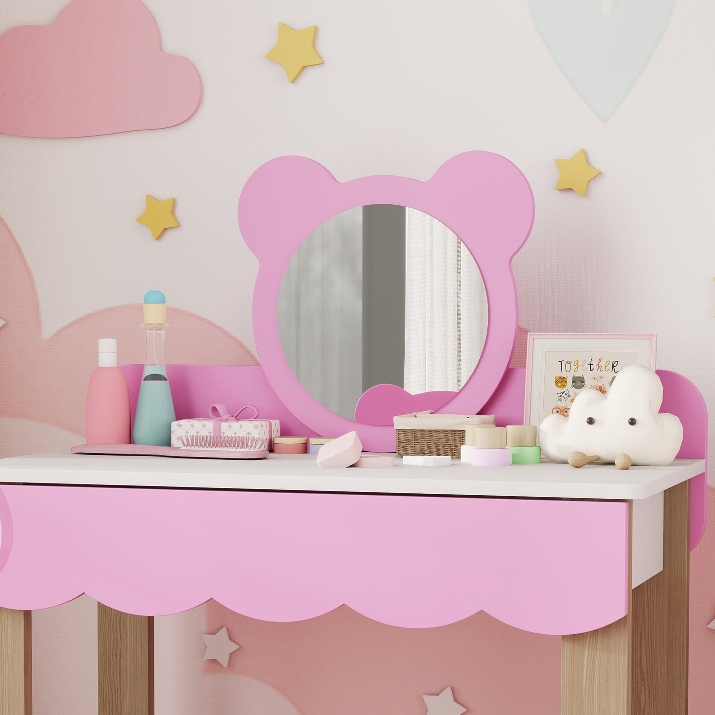 Kids Vanity Set with Stool, Bear Mirror, Pink MDF