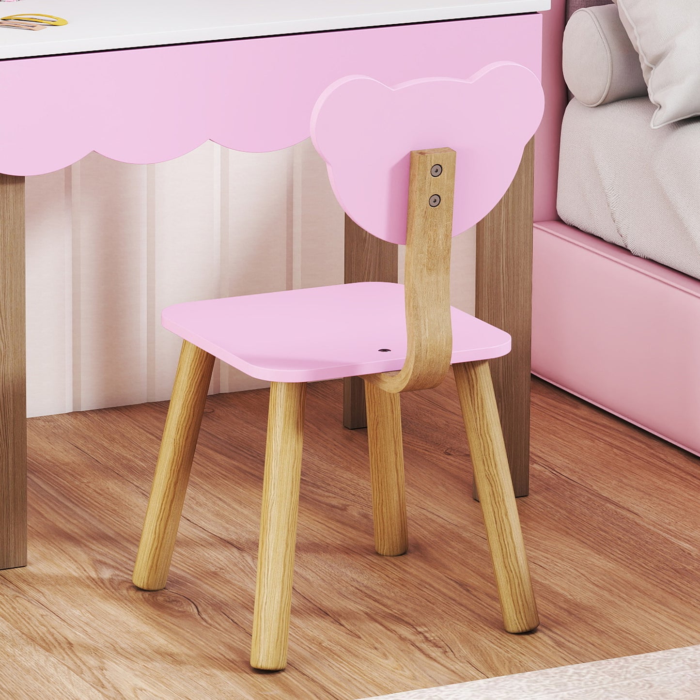 Kids Vanity Set with Stool, Bear Mirror, Pink MDF