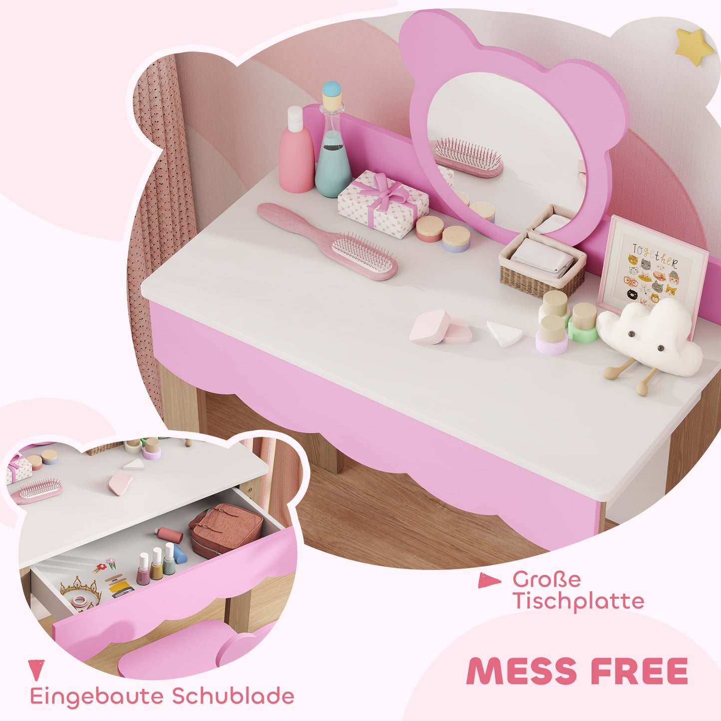 Kids Vanity Set with Stool, Bear Mirror, Pink MDF