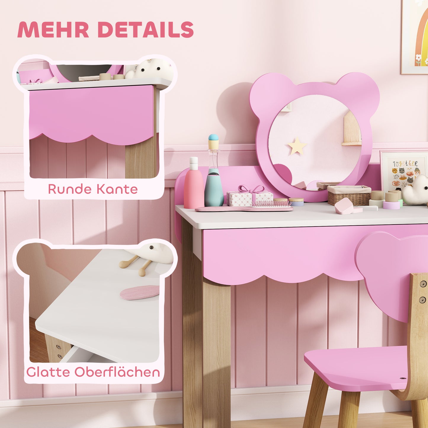 Kids Vanity Set with Stool, Bear Mirror, Pink MDF