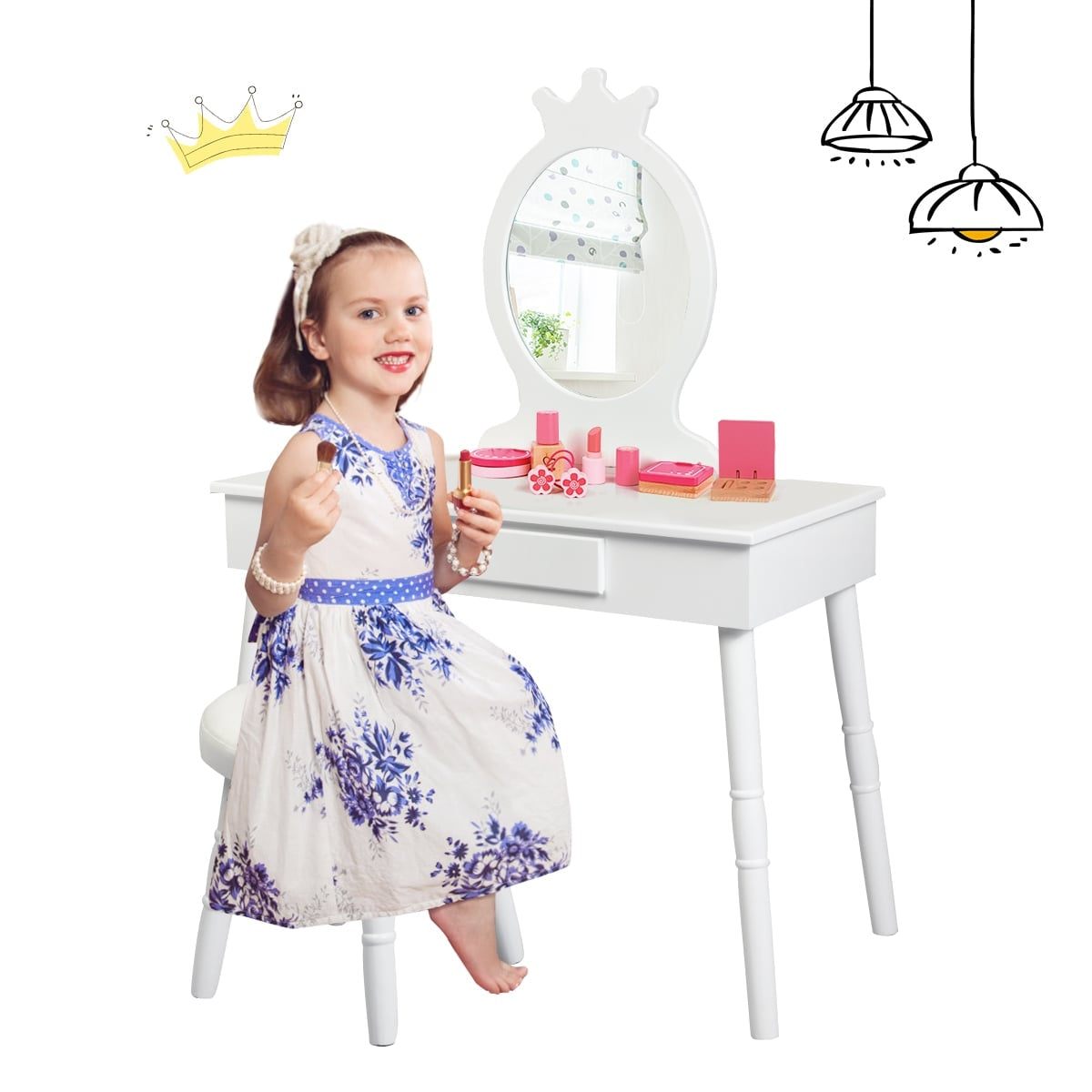 Kids Vanity Set with Stool & Mirror – White Wood