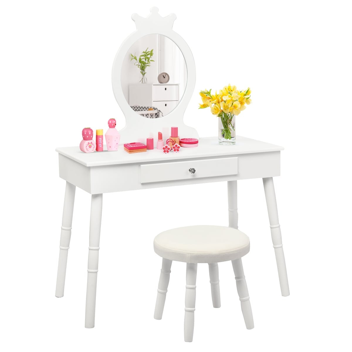 Kids Vanity Set with Stool & Mirror – White Wood