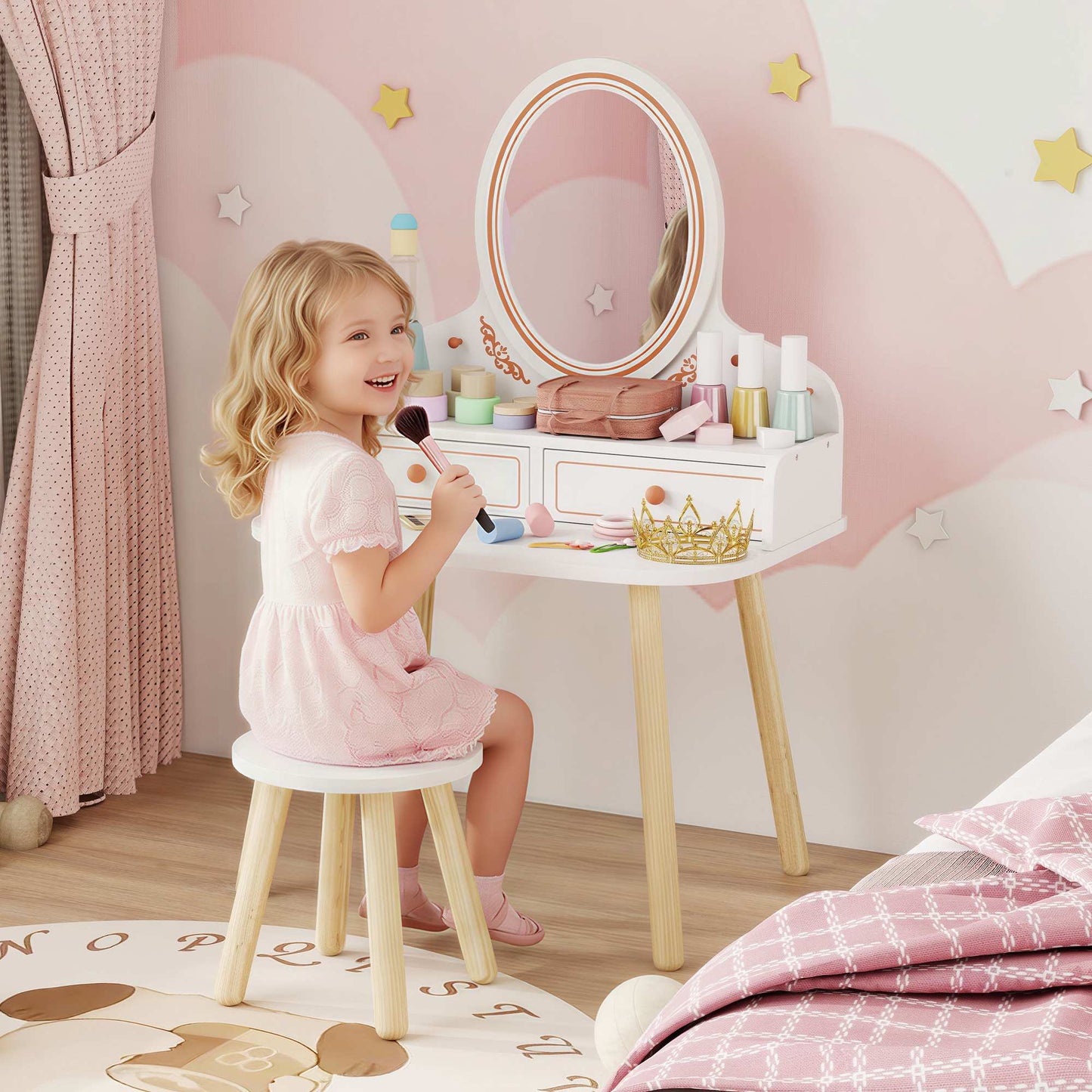 Kids Vanity Set with Stool, Mirror, and Storage