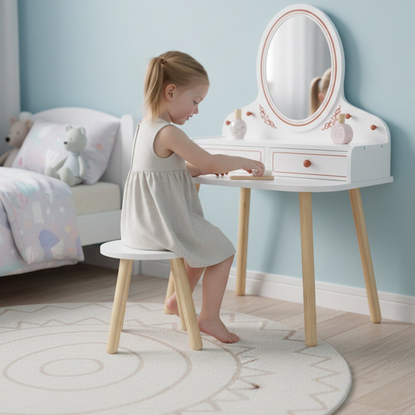 Kids Vanity Set with Stool, Mirror, and Storage