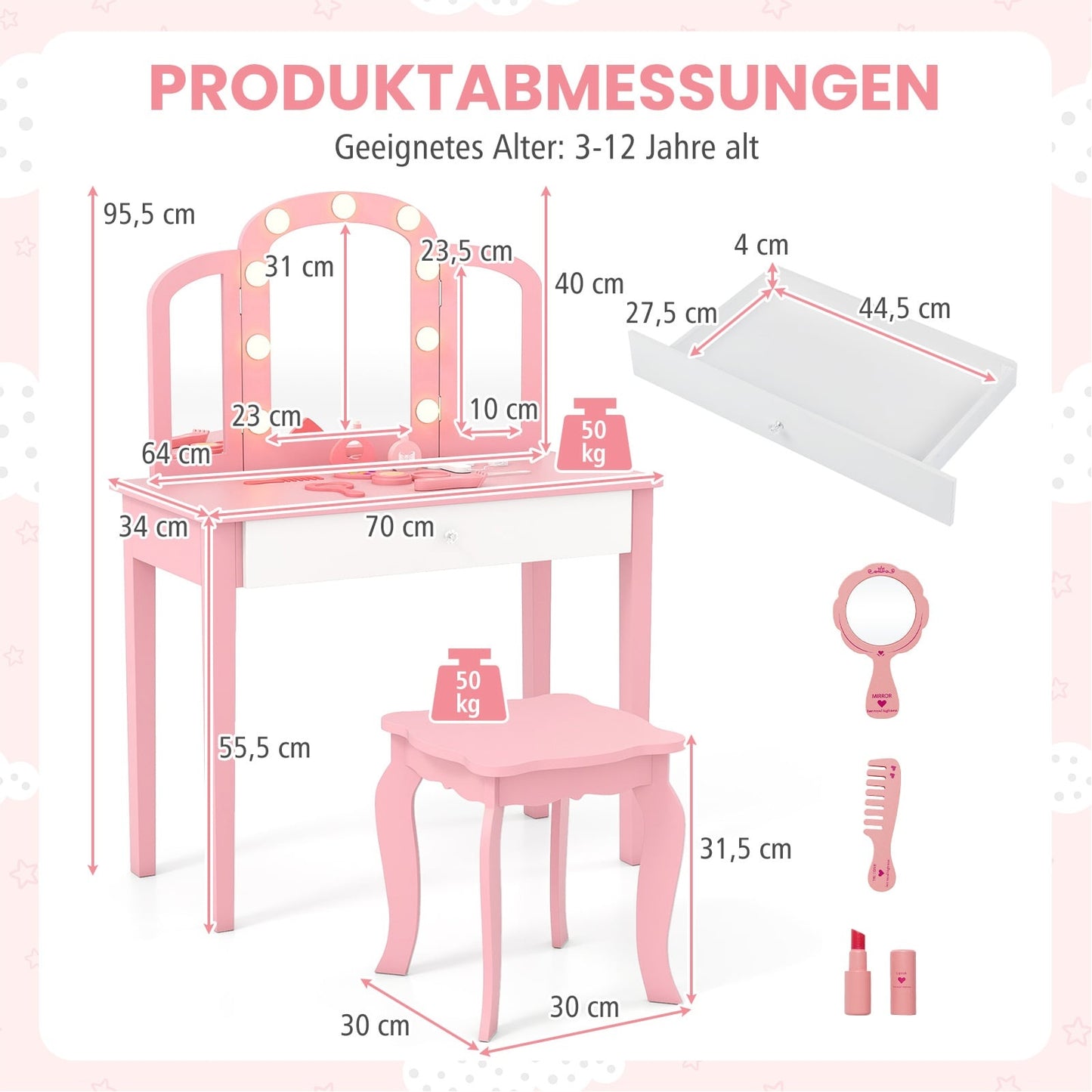 Kids Vanity Table Set – 2-in-1 Design, LED Lights, White