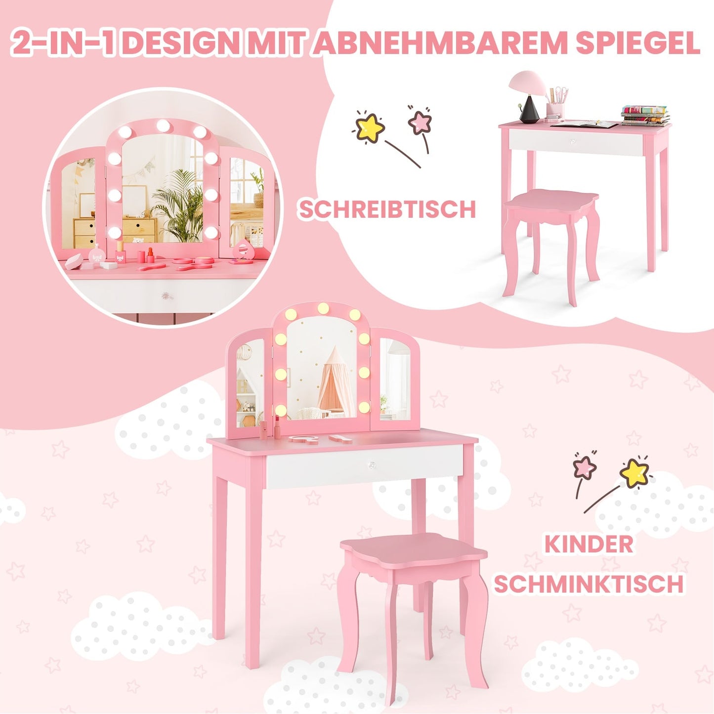 Kids Vanity Table Set – 2-in-1 Design, LED Lights, White