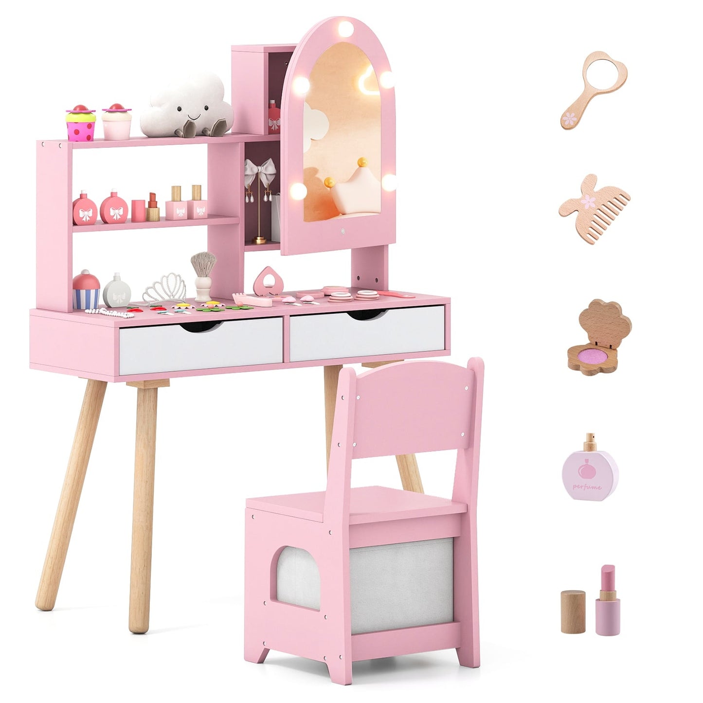 Kids Vanity Table Set with 3-Color LED Mirror, Pink