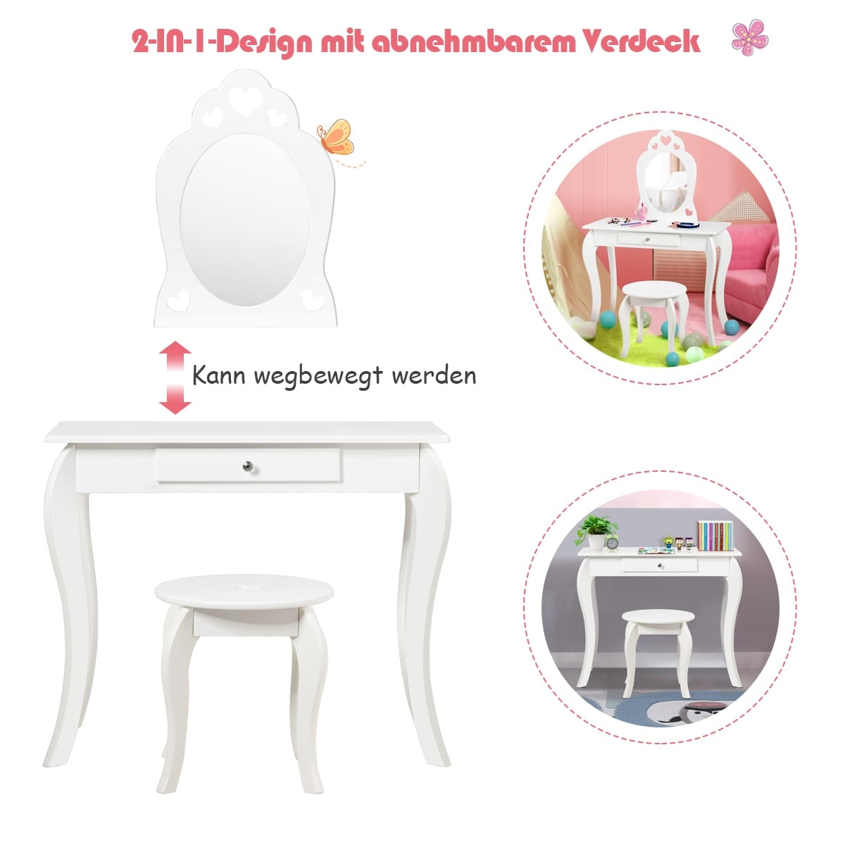 Kids Vanity Table Set with Stool and Mirror, White