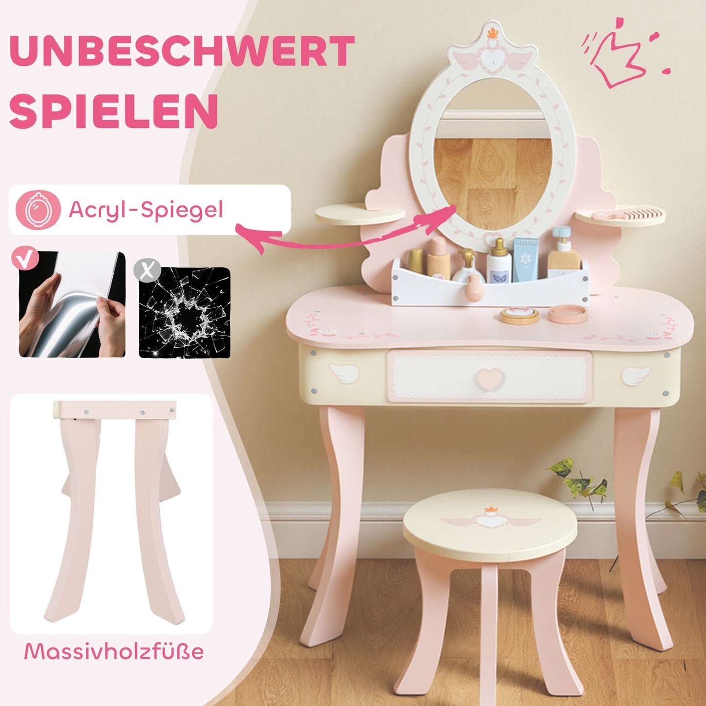 Kids Vanity Table with Chair, Drawer, Detachable Mirror
