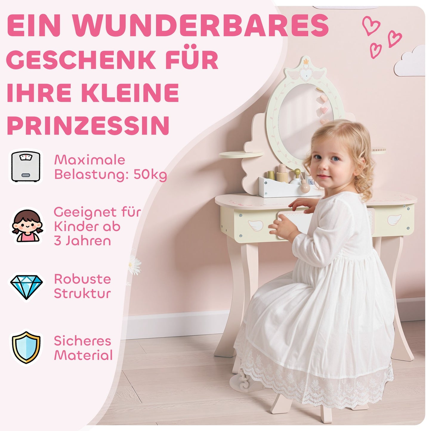 Kids Vanity Table with Chair, Drawer, Detachable Mirror