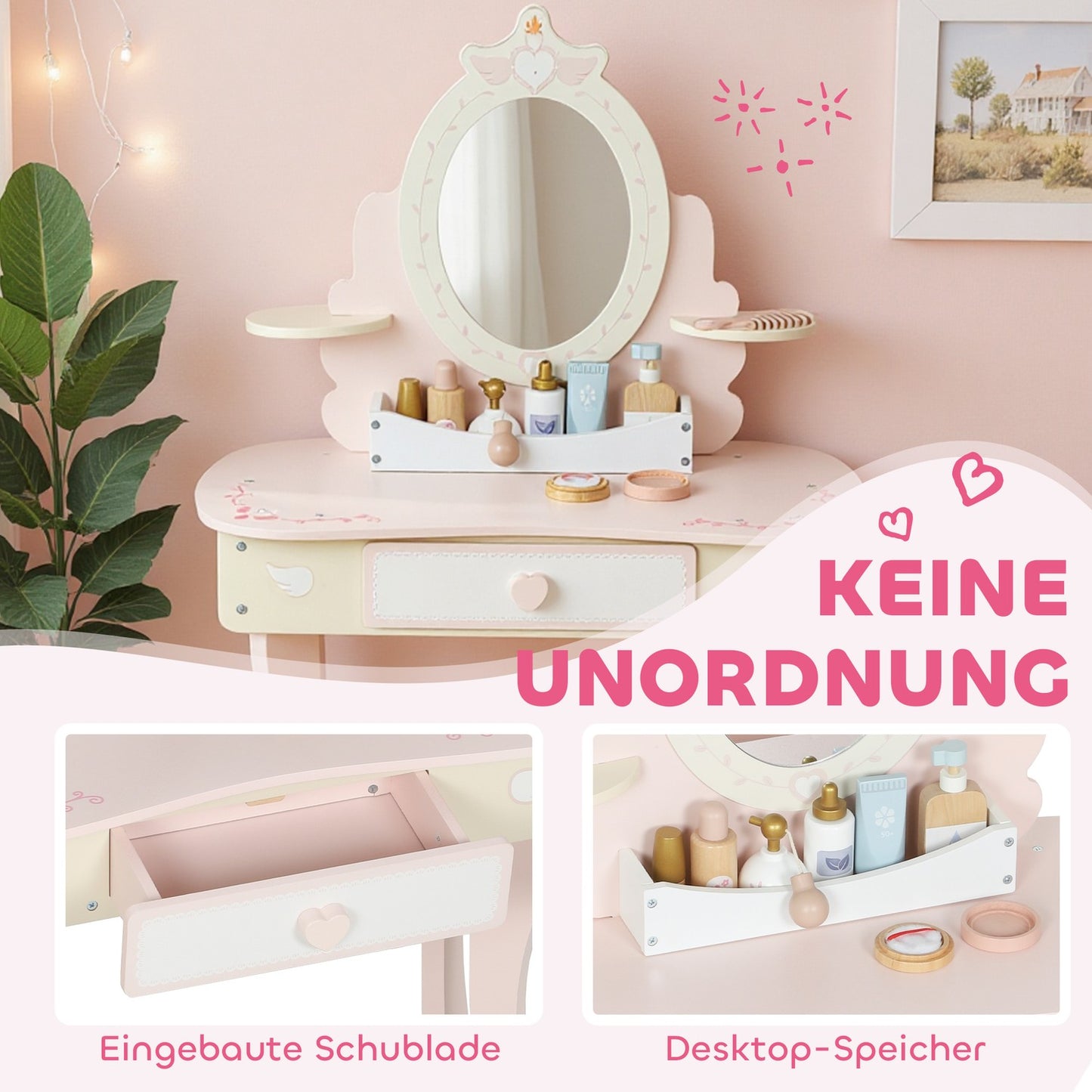 Kids Vanity Table with Chair, Drawer, Detachable Mirror