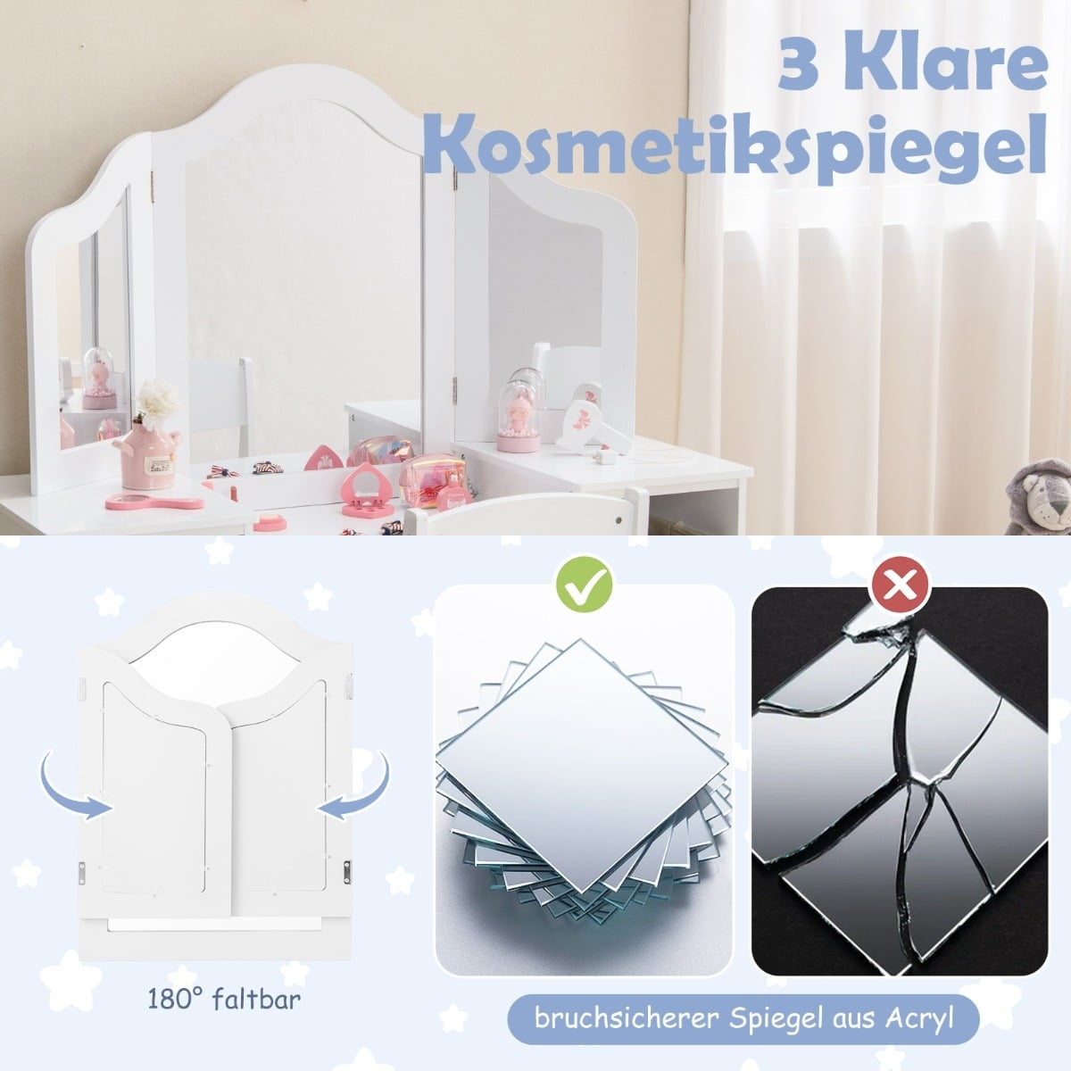 Kids Vanity Table with Detachable Mirror & Storage