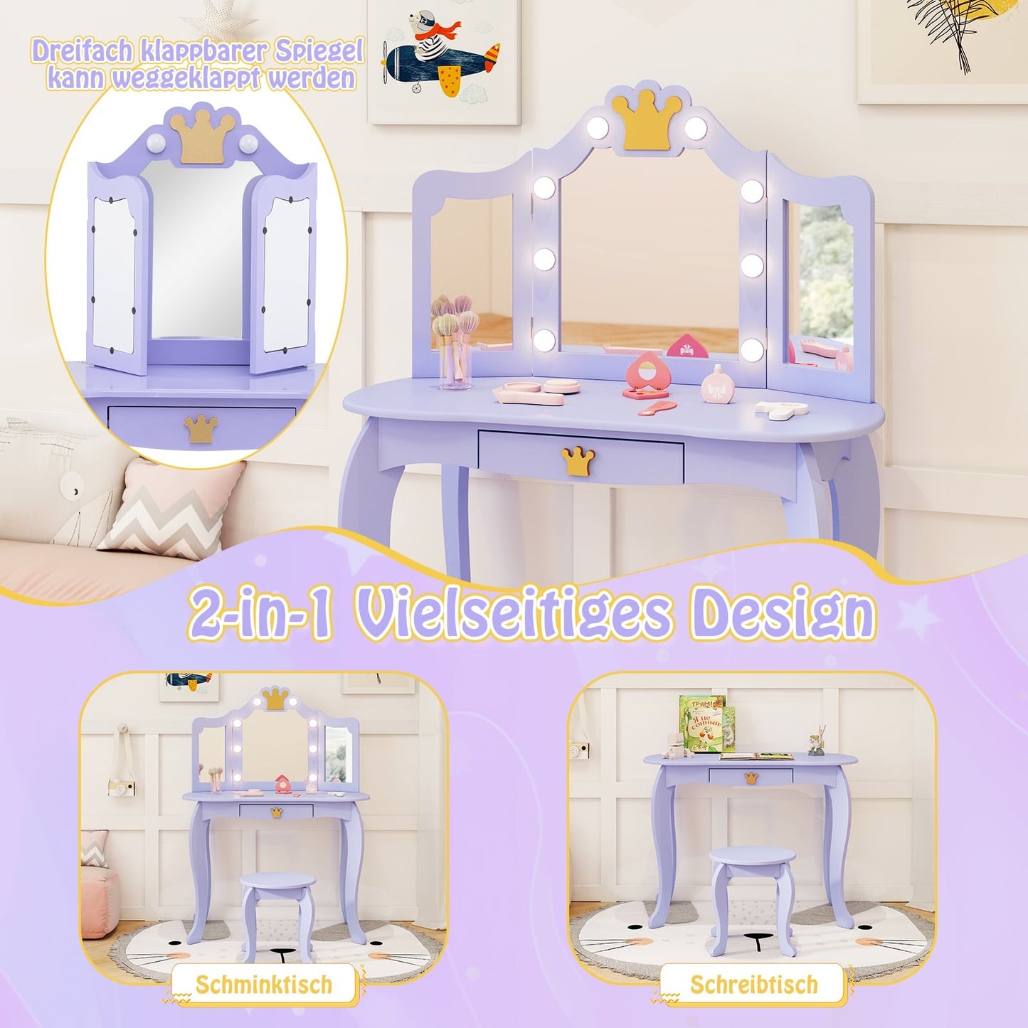 Kids Vanity Table with Lights, Tri-Fold Mirror, Purple
