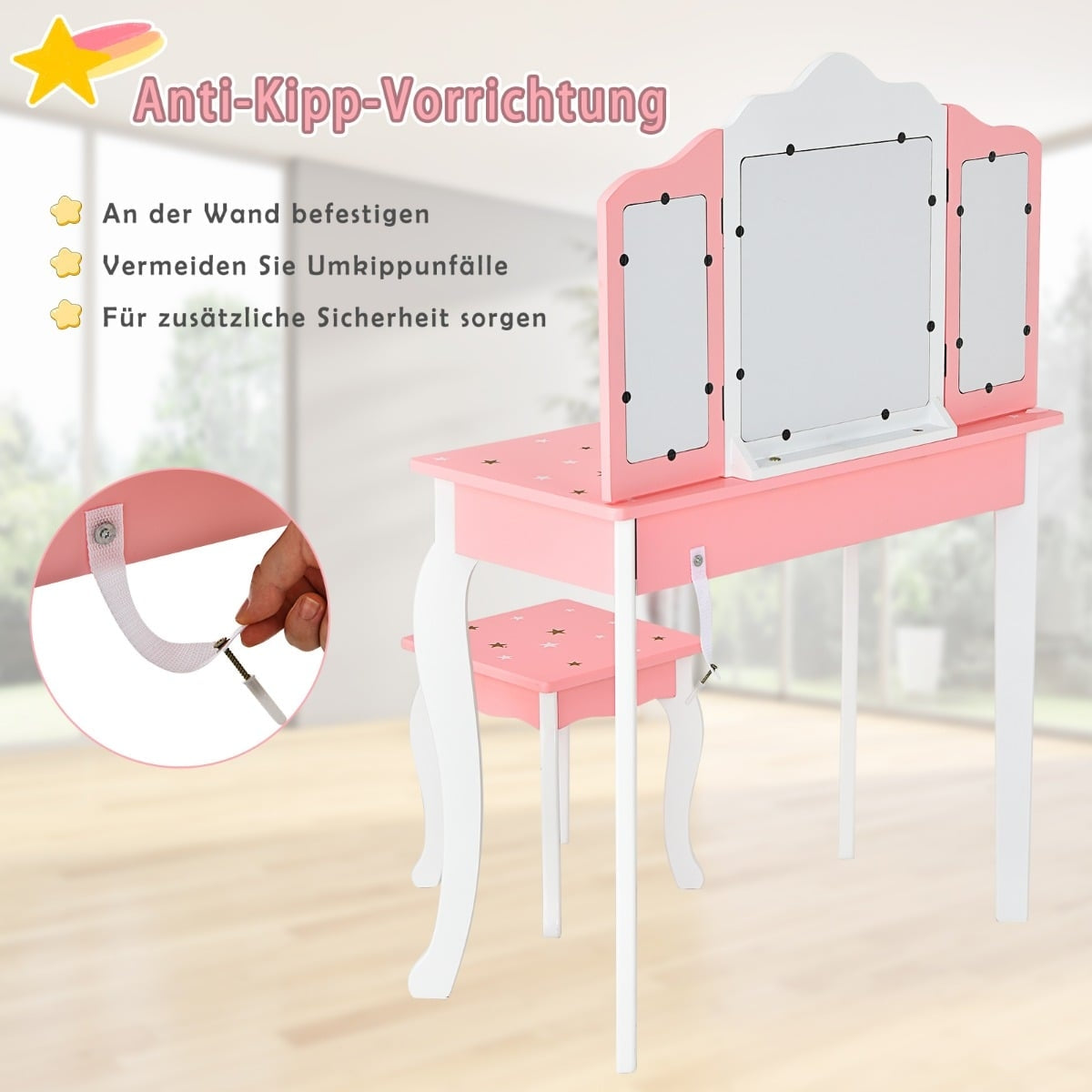 Kids Vanity Table with Mirror and Drawer – Pink MDF