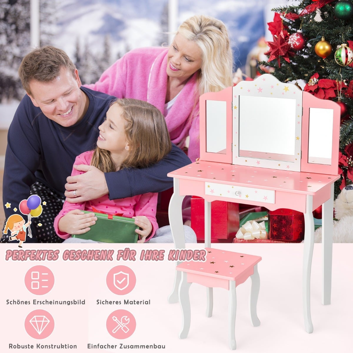 Kids Vanity Table with Mirror and Drawer – Pink MDF