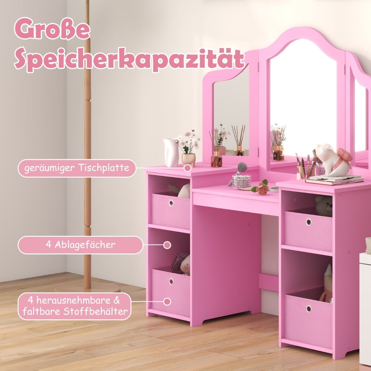 Kids Vanity Table with Removable Mirror & Storage – Pink