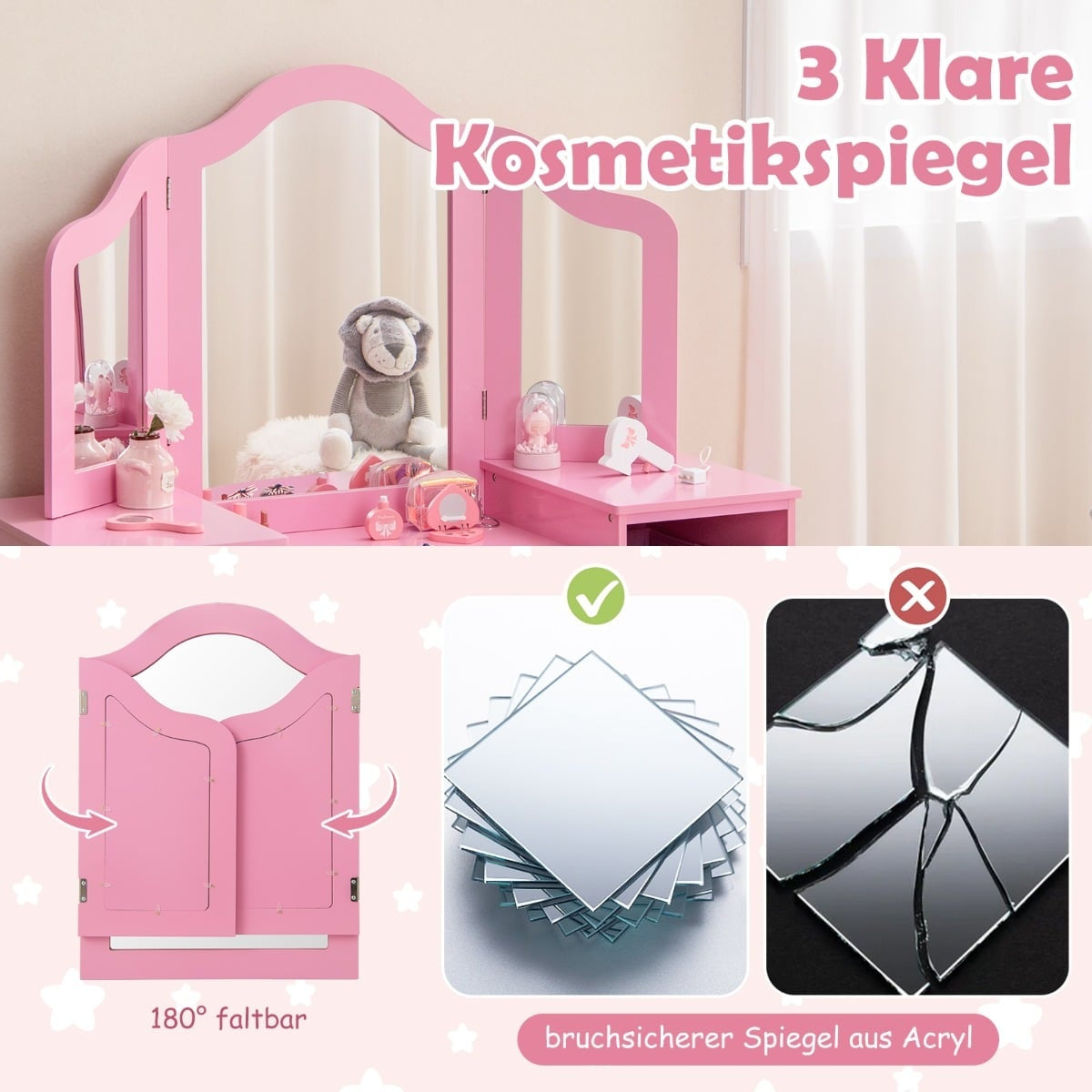 Kids Vanity Table with Removable Mirror & Storage – Pink