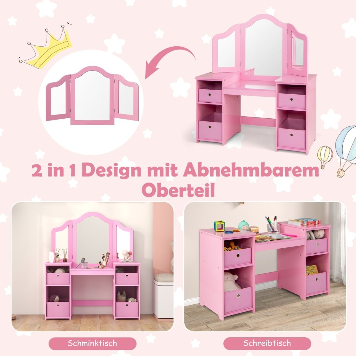 Kids Vanity Table with Removable Mirror & Storage – Pink