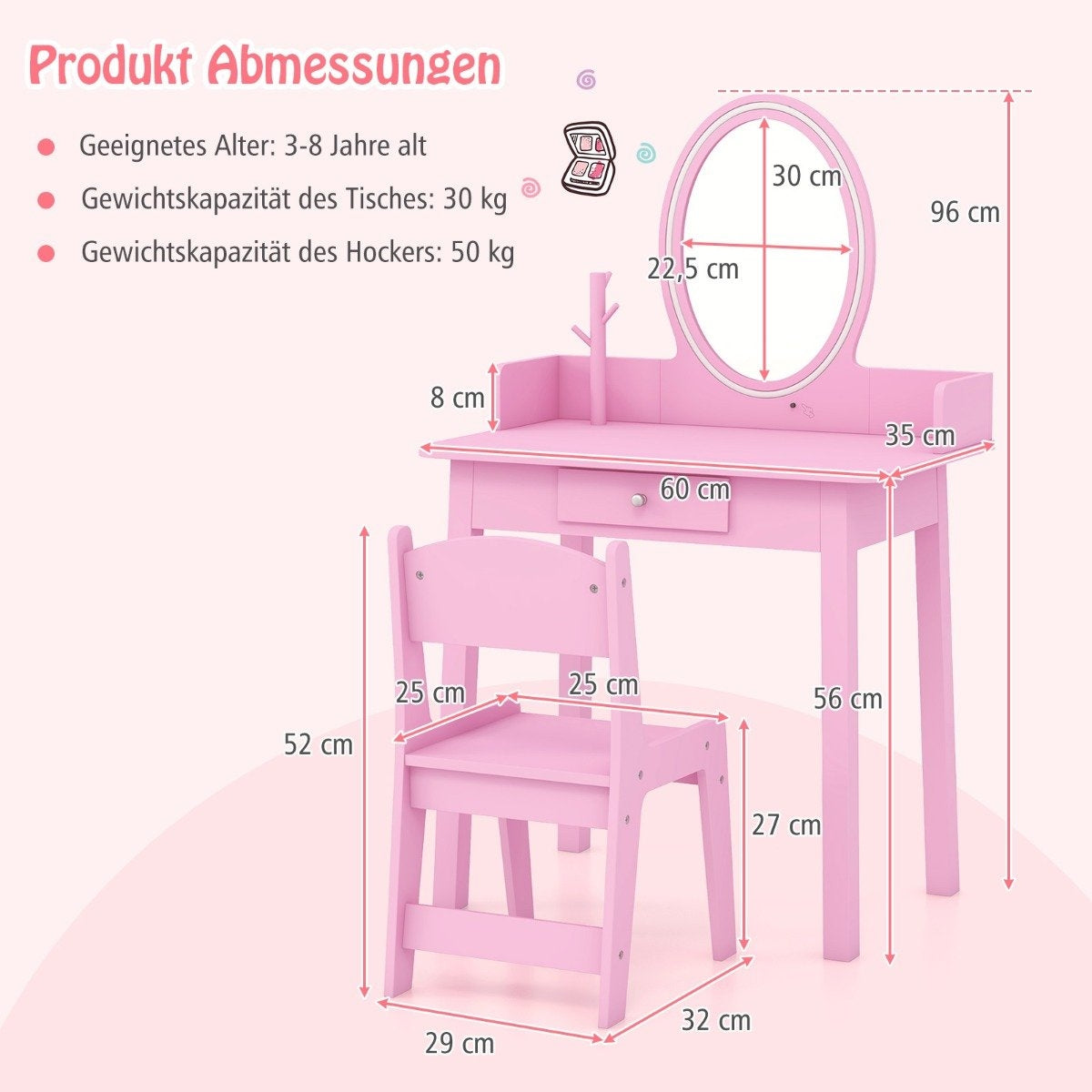Kids Vanity Table with Stool, LED Mirror, Storage