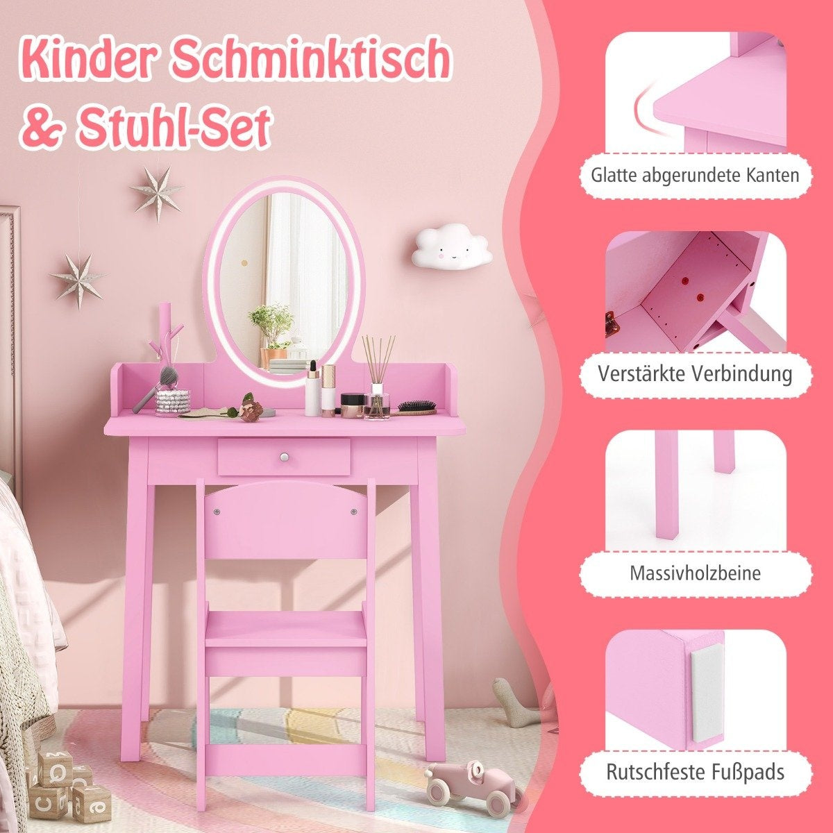 Kids Vanity Table with Stool, LED Mirror, Storage