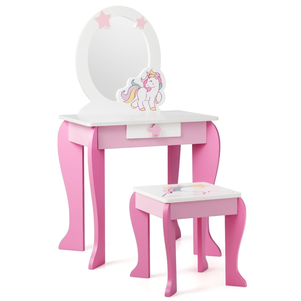 Kids Vanity Table with Stool, Removable Mirror & Drawer