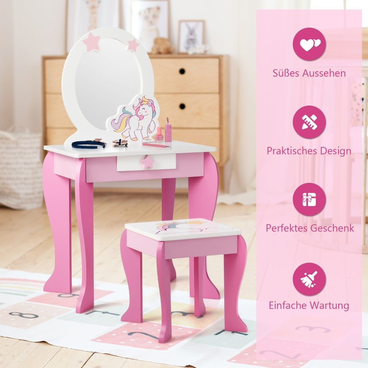 Kids Vanity Table with Stool, Removable Mirror & Drawer