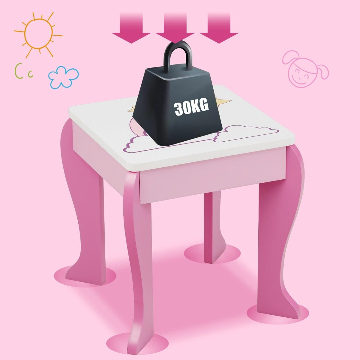 Kids Vanity Table with Stool, Removable Mirror & Drawer