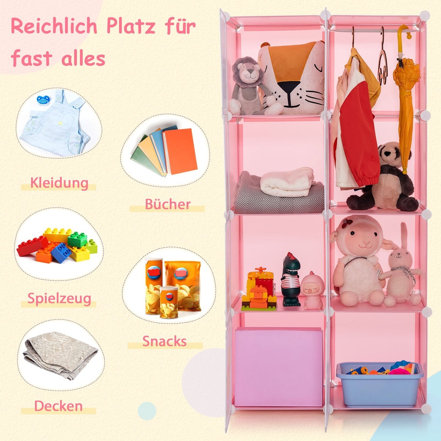 Kids Wardrobe Organizer, 8-Cube Pink Plastic Shelving