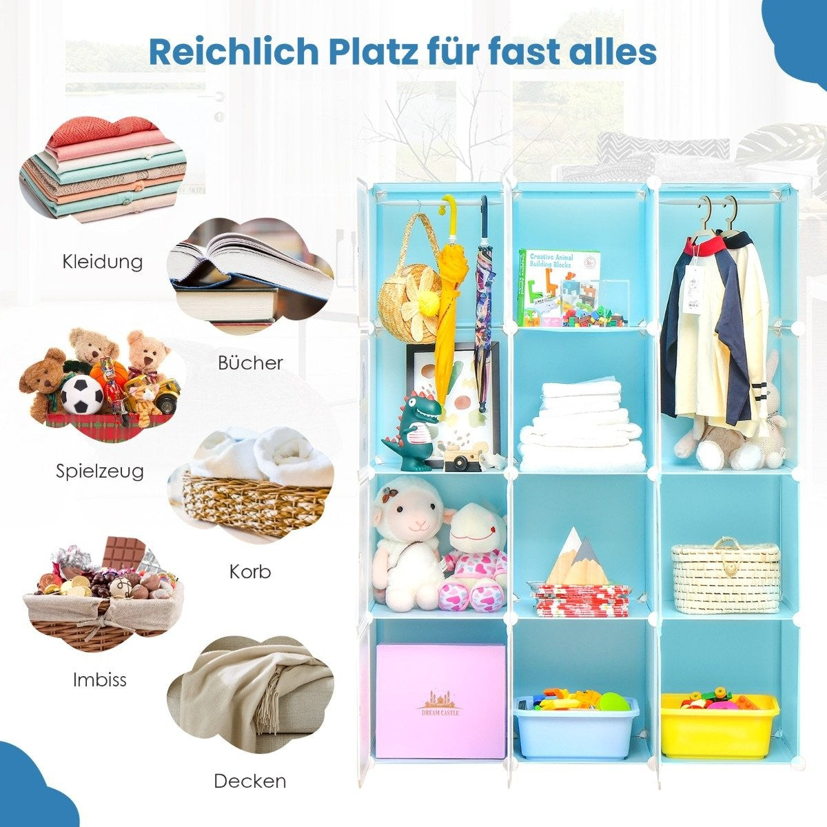 Kids Wardrobe with 2 Hanging Sections & 12 Cubes, Blue