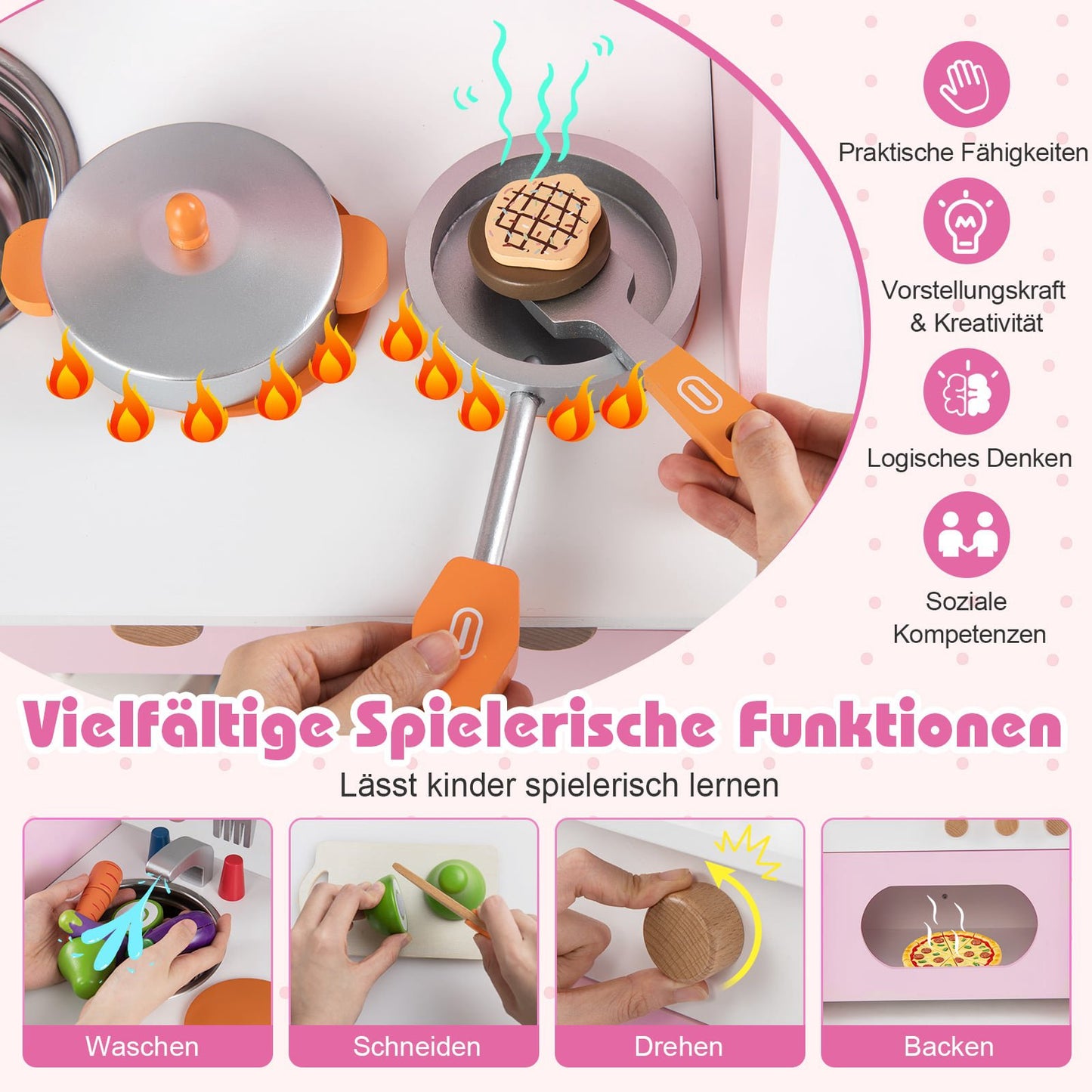 Kids Wooden Play Kitchen with Accessories – Pink