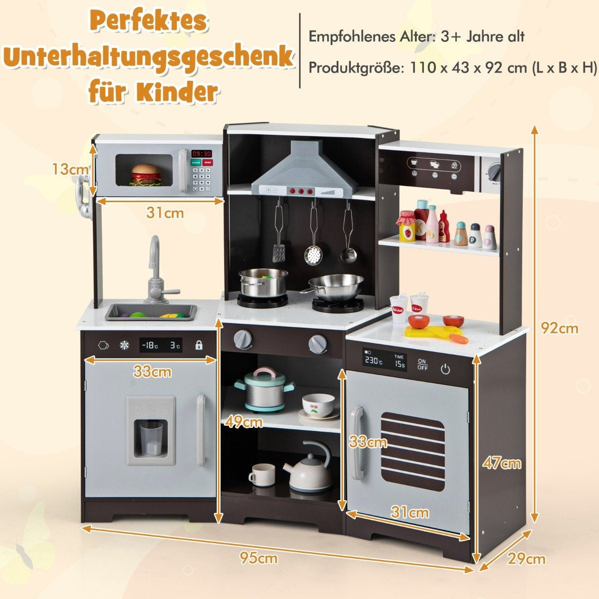 Kids Wooden Play Kitchen with Lights & Sounds, Brown