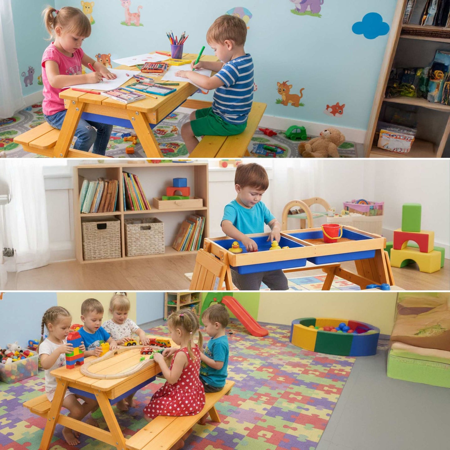 Kids Wooden Seating Set with Water & Sand Table