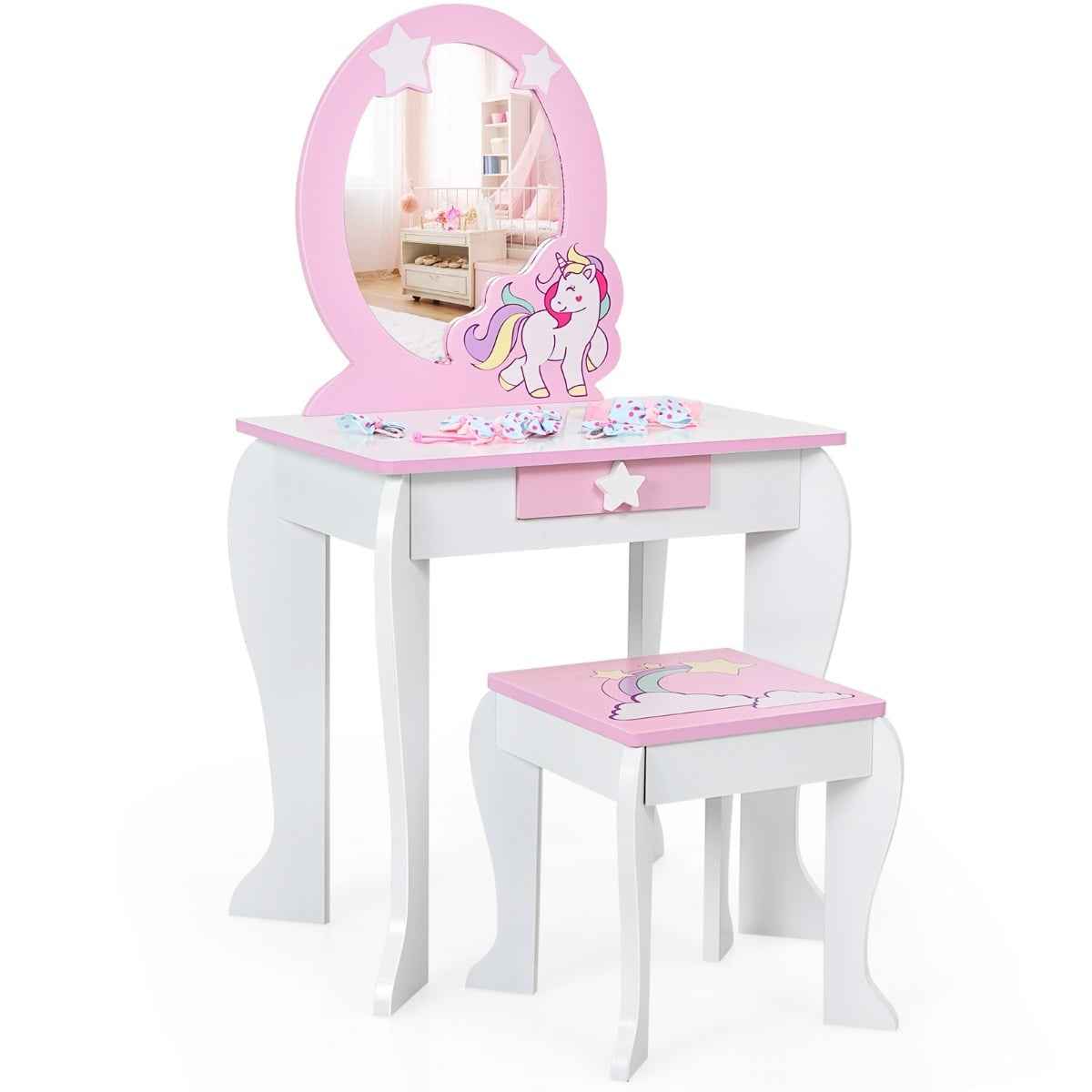 Kids Wooden Vanity Set with Stool, Mirror, Drawer – Pink & White