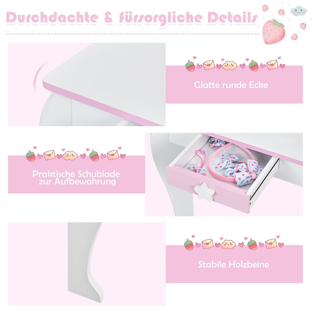 Kids Wooden Vanity Set with Stool, Mirror, Drawer – Pink & White