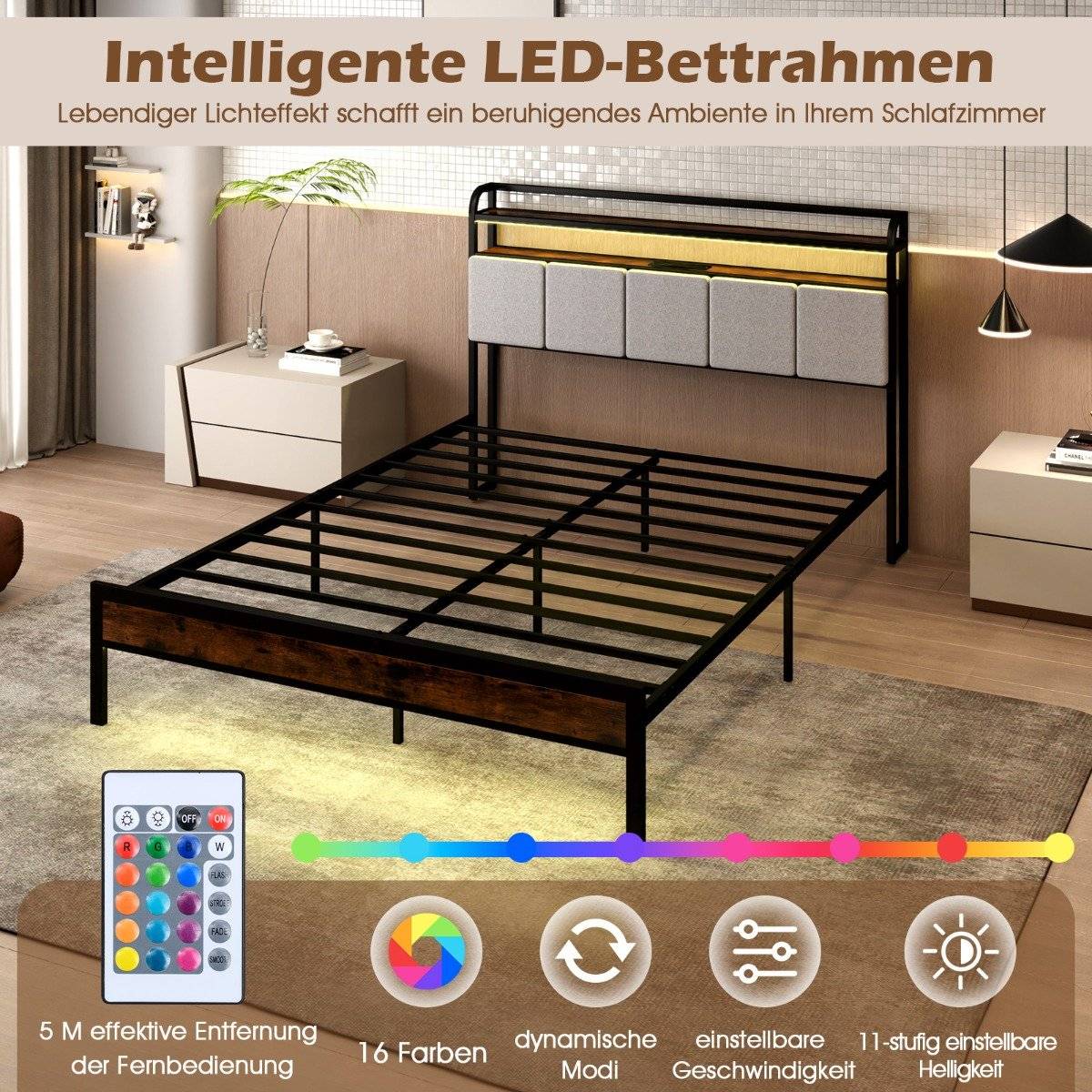 King Size Bed Frame with LED Light & Charging Station & Padded Headboard Metal Frame Bed Frame