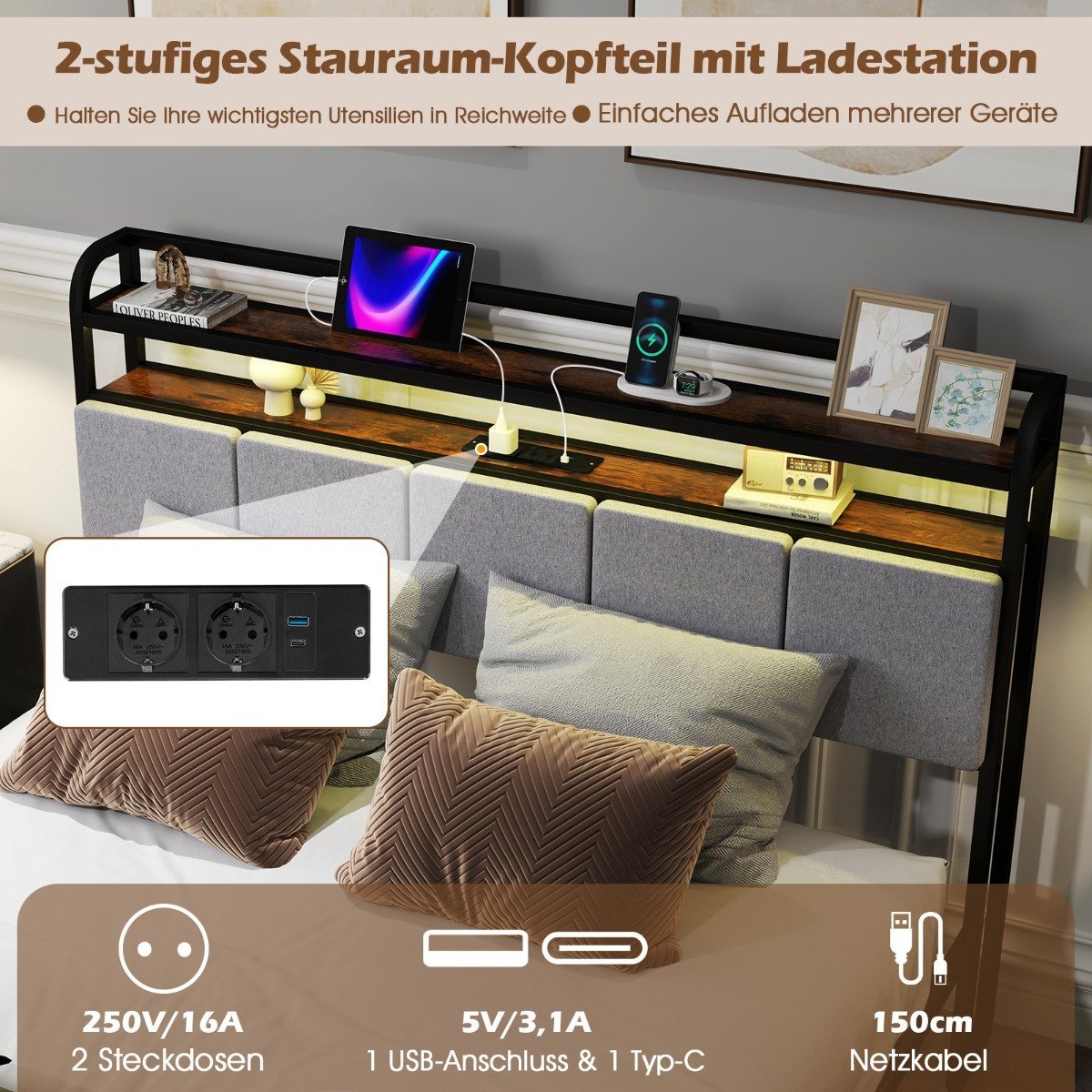 King Size Bed Frame with LED Light & Charging Station & Padded Headboard Metal Frame Bed Frame