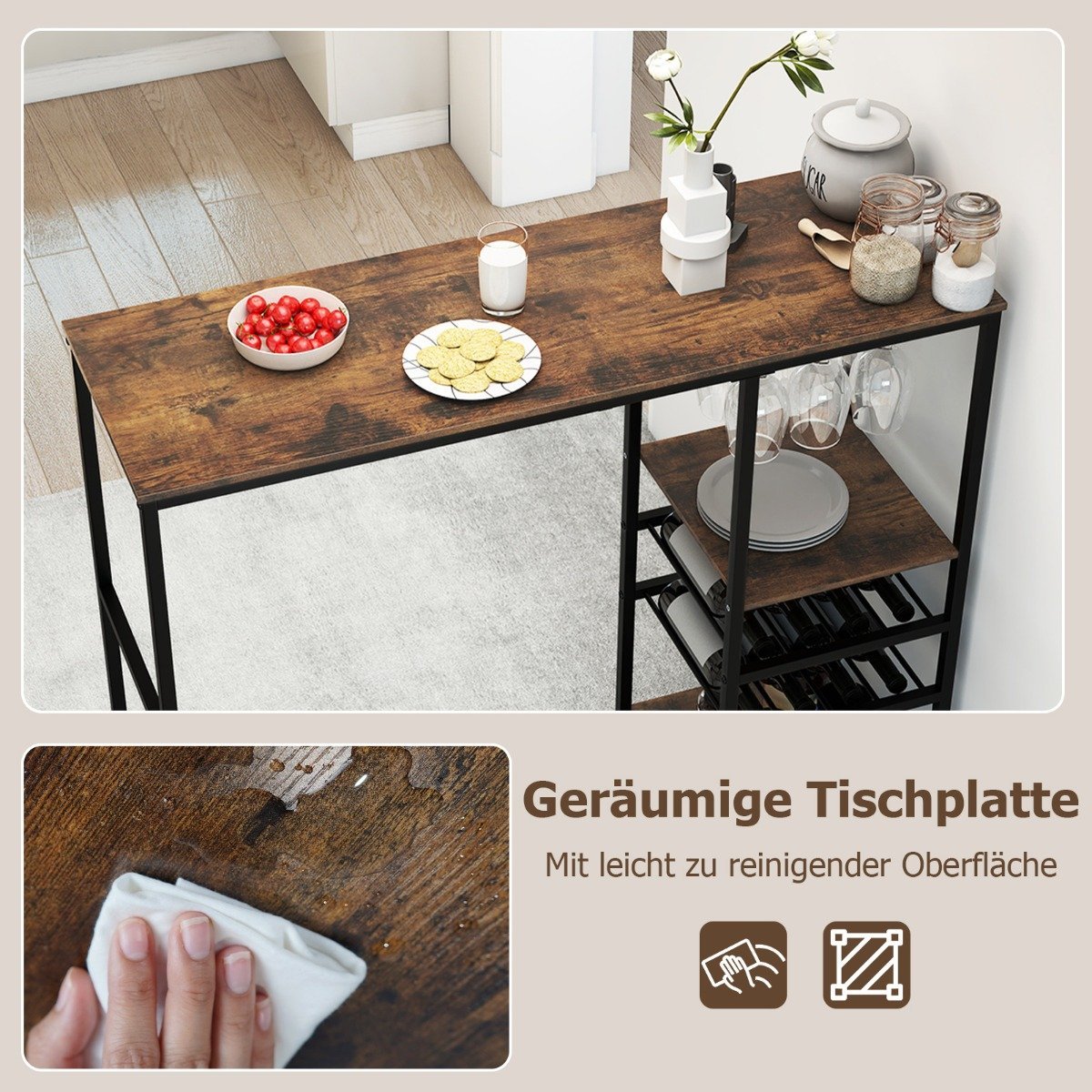 Kitchen Bar Table with Shelves, Wine Racks, Glass Holders