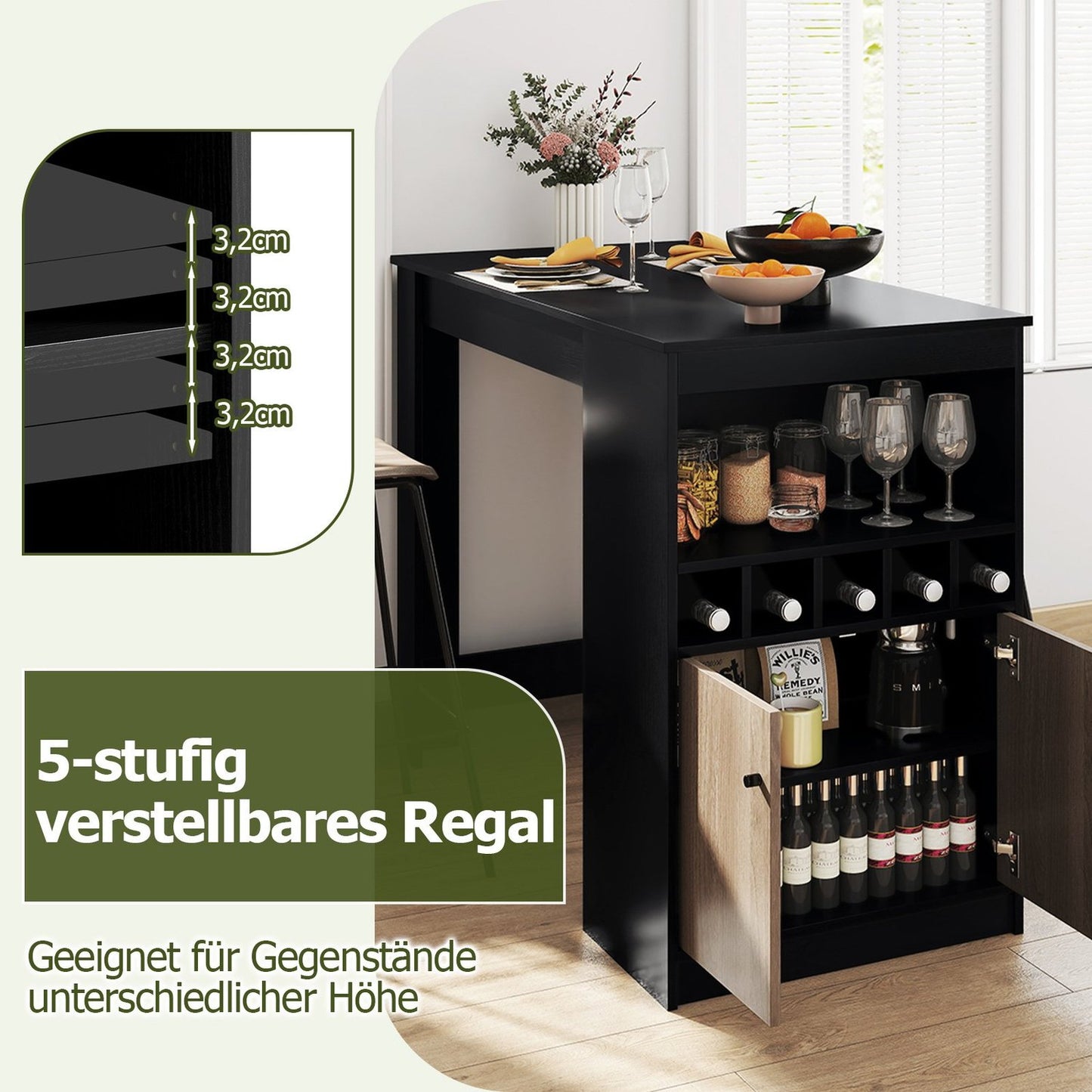 Kitchen Bar Table with Wine Racks & Storage Shelves, Black