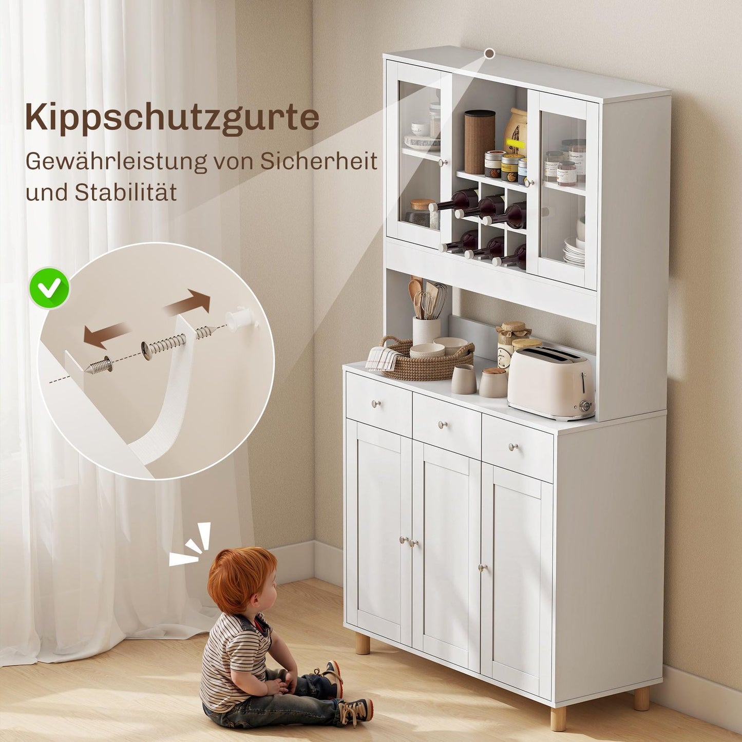 Kitchen Cabinet, 180 cm, Glass Doors, Adjustable Shelves, White