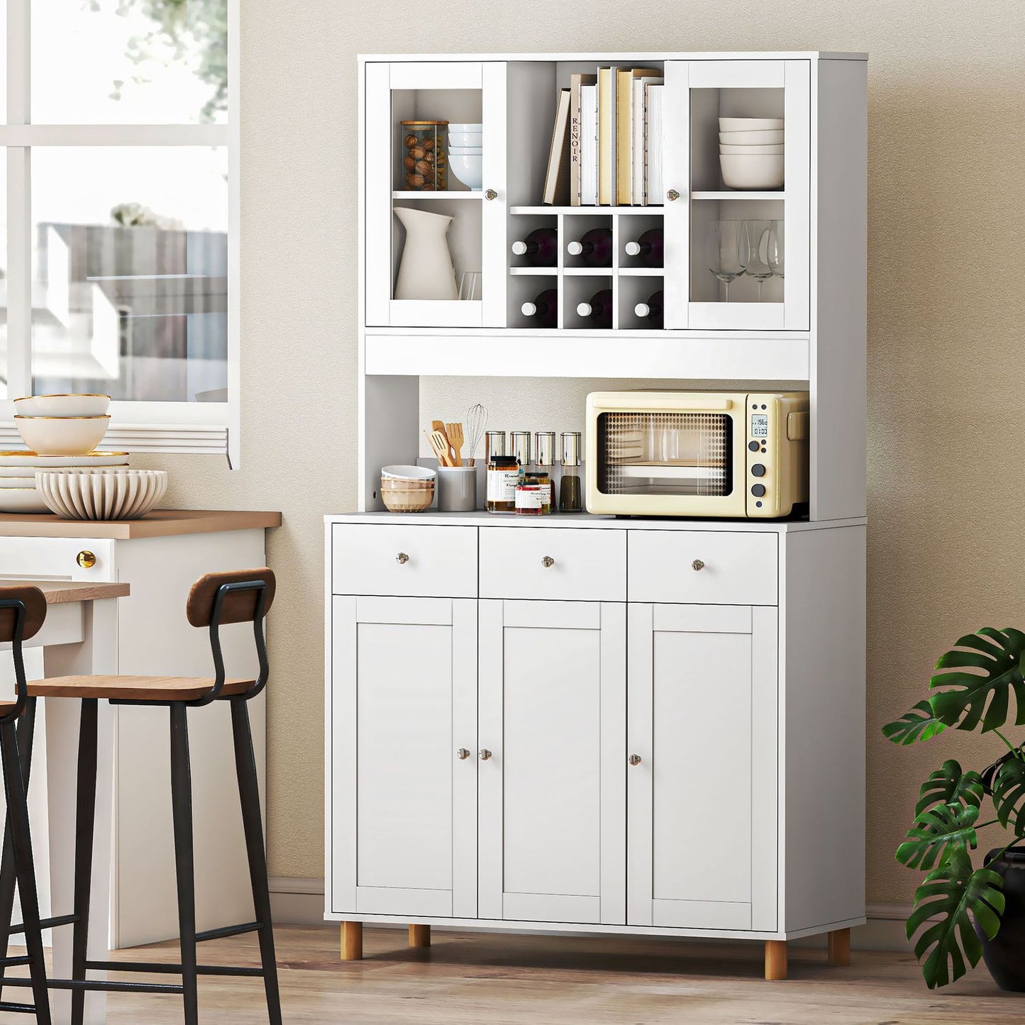 Kitchen Cabinet, 180 cm, Glass Doors, Adjustable Shelves, White