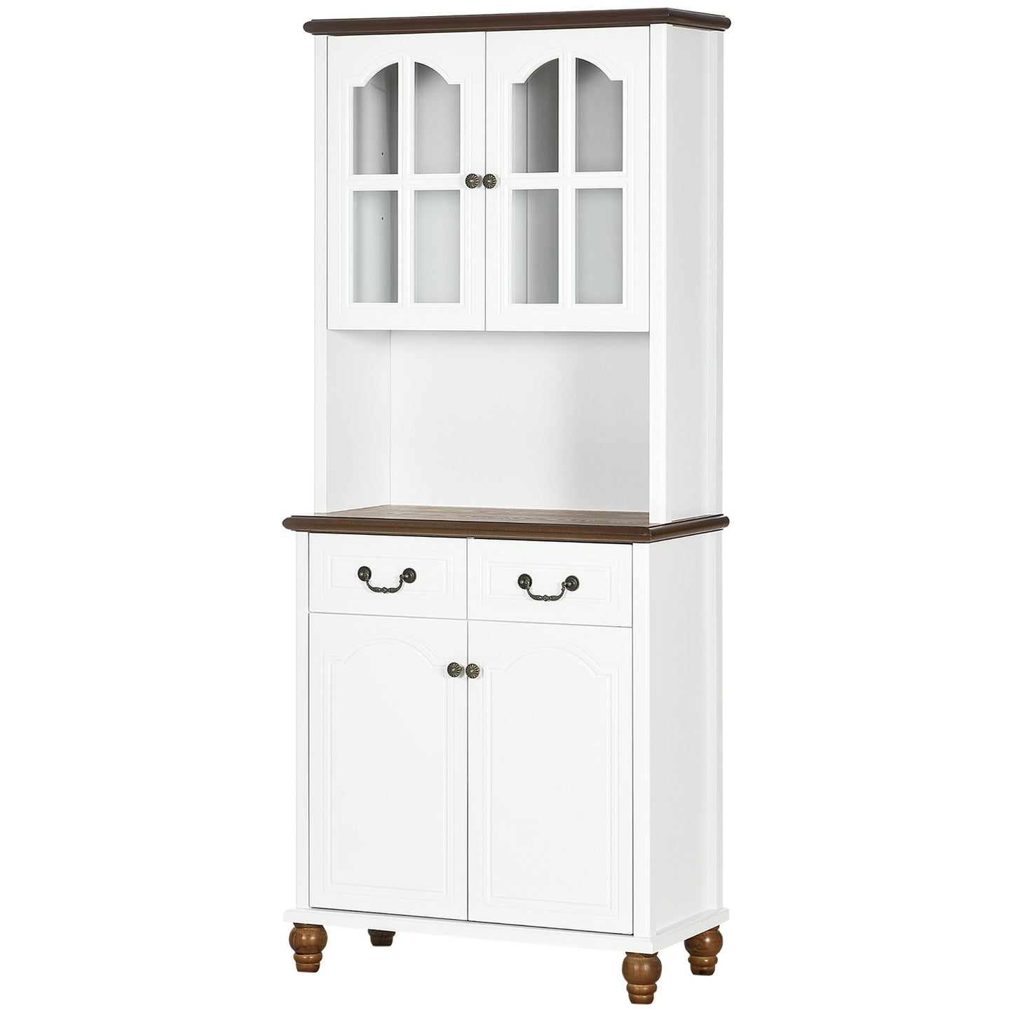 White tall kitchen cabinet - 2 drawers, open display, soft close