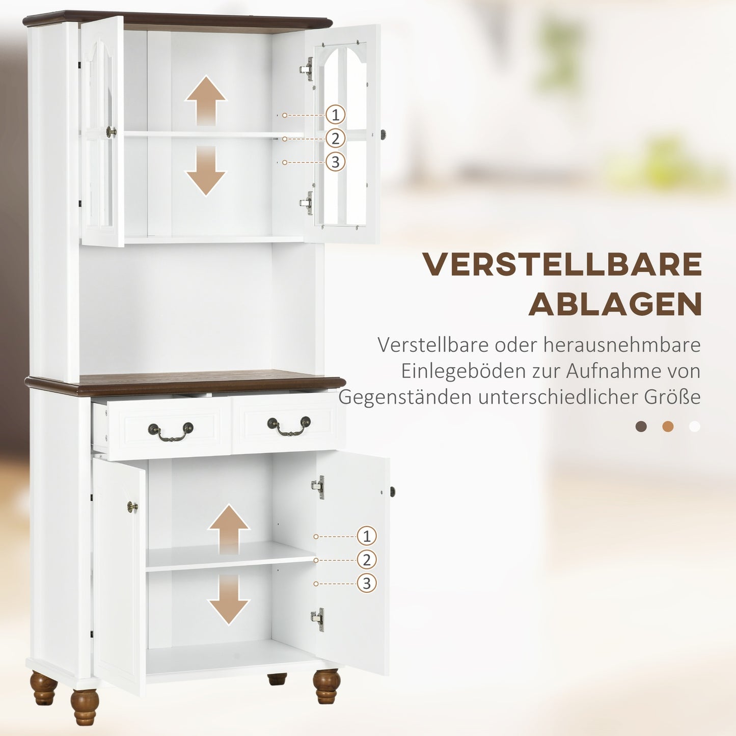 White tall kitchen cabinet - 2 drawers, open display, soft close